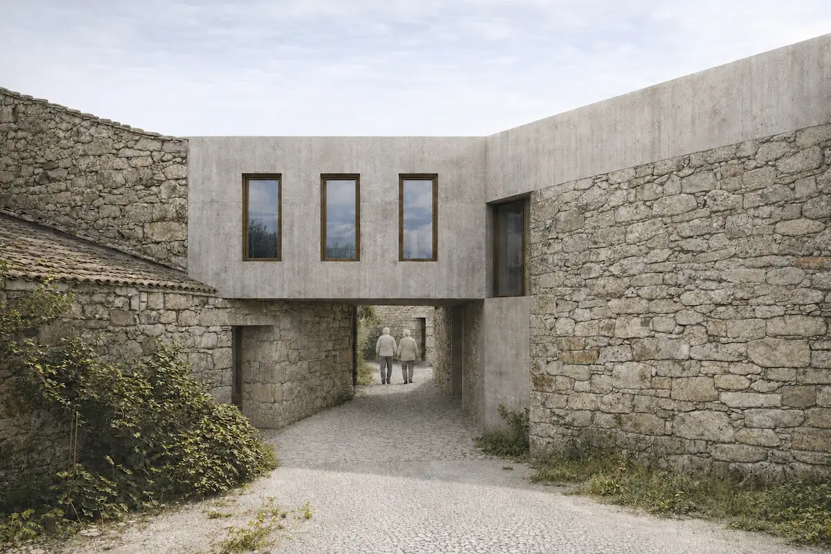 Render de la rehabilitación y fachada de viviendas contemporáneas en piedra y hormigón, por estudio de arquitectura SEA.