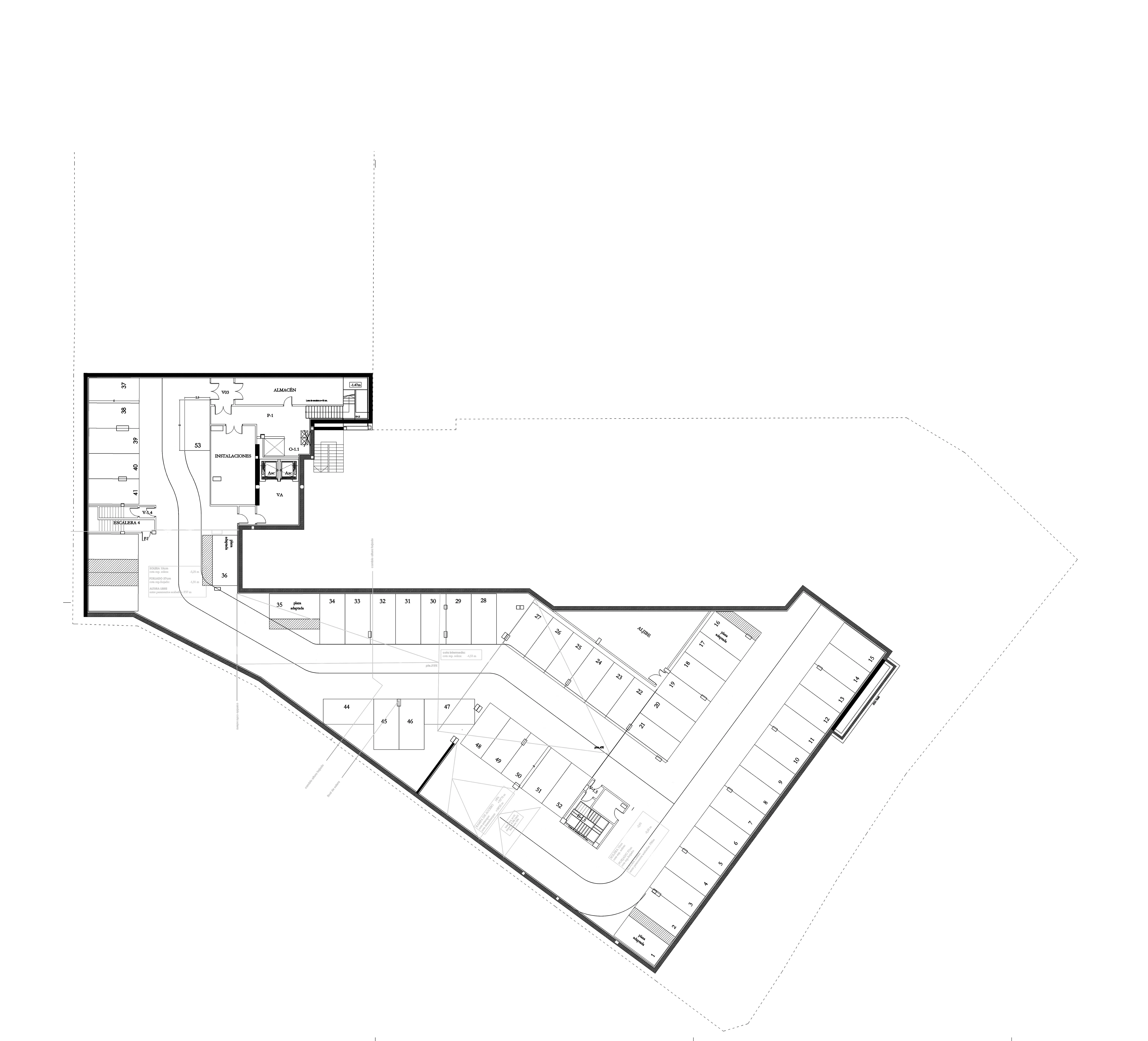 Plano de planta baja de hotel en Lugo con aparcamiento y zonas comunes, diseñado por SEA Arquitectos.