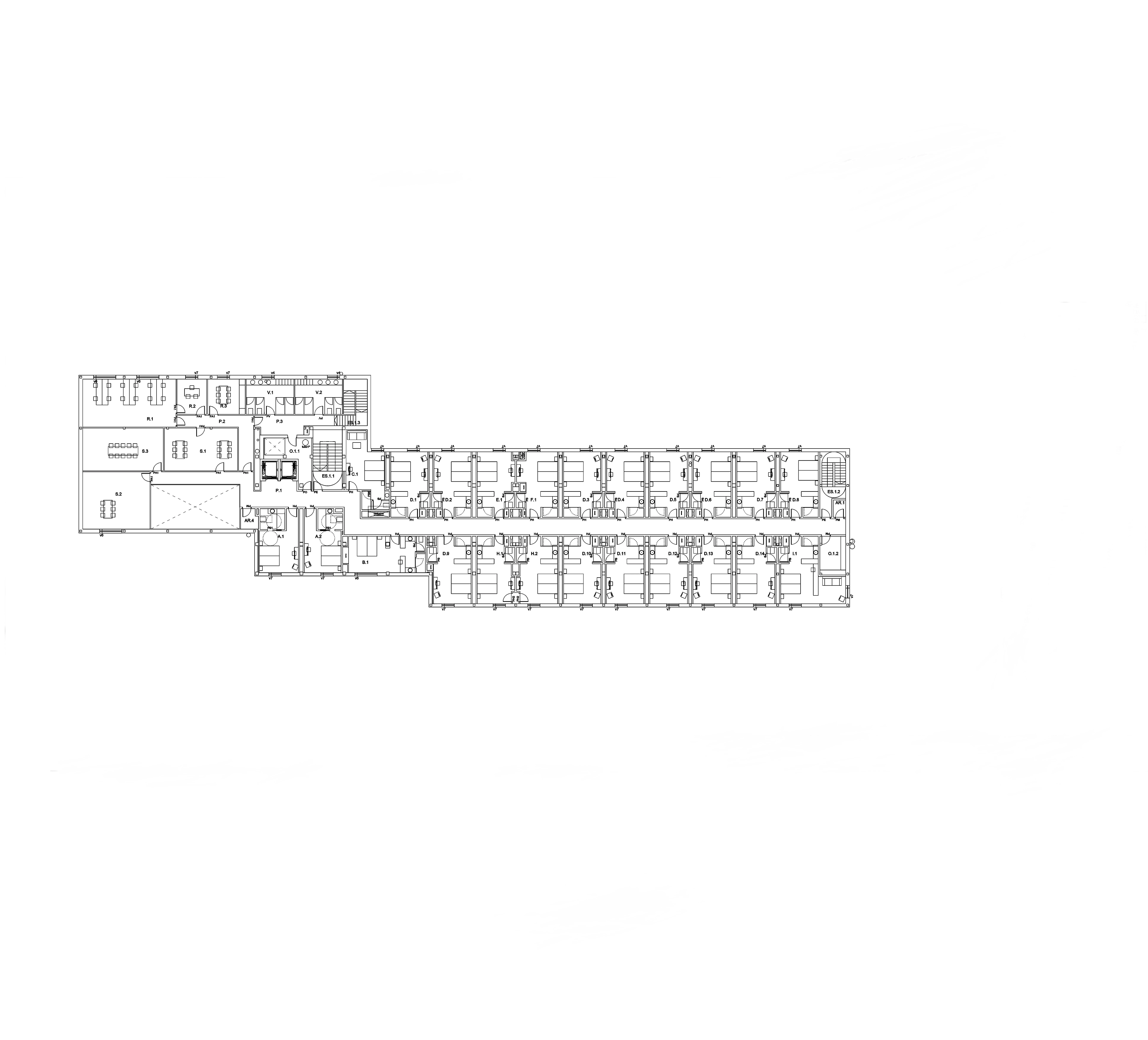 Plano de sótano de hotel en Lugo, con plazas de aparcamiento y rampas de acceso, diseñado por SEA Arquitectos.