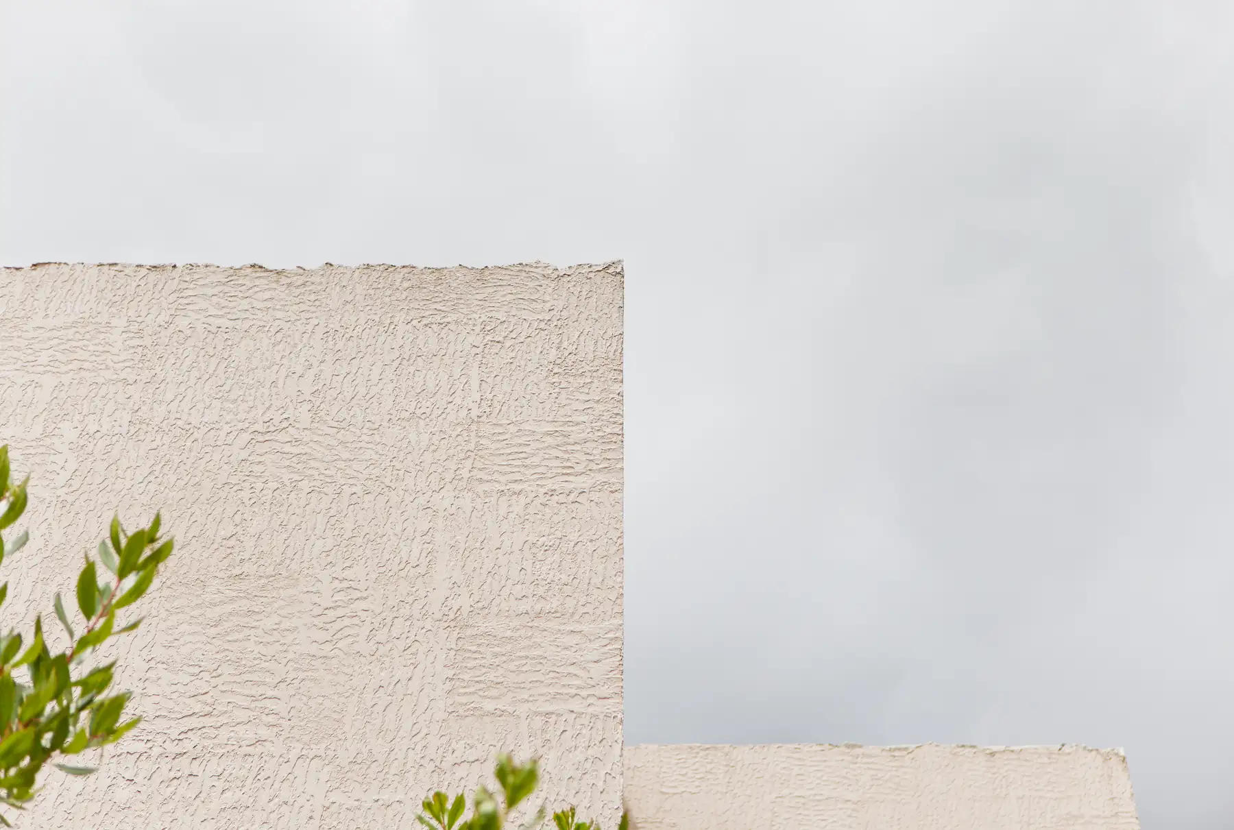Detalle de fachada en Lugo con estuco texturizado y vegetación, diseñada por estudio de arquitectura SEA.