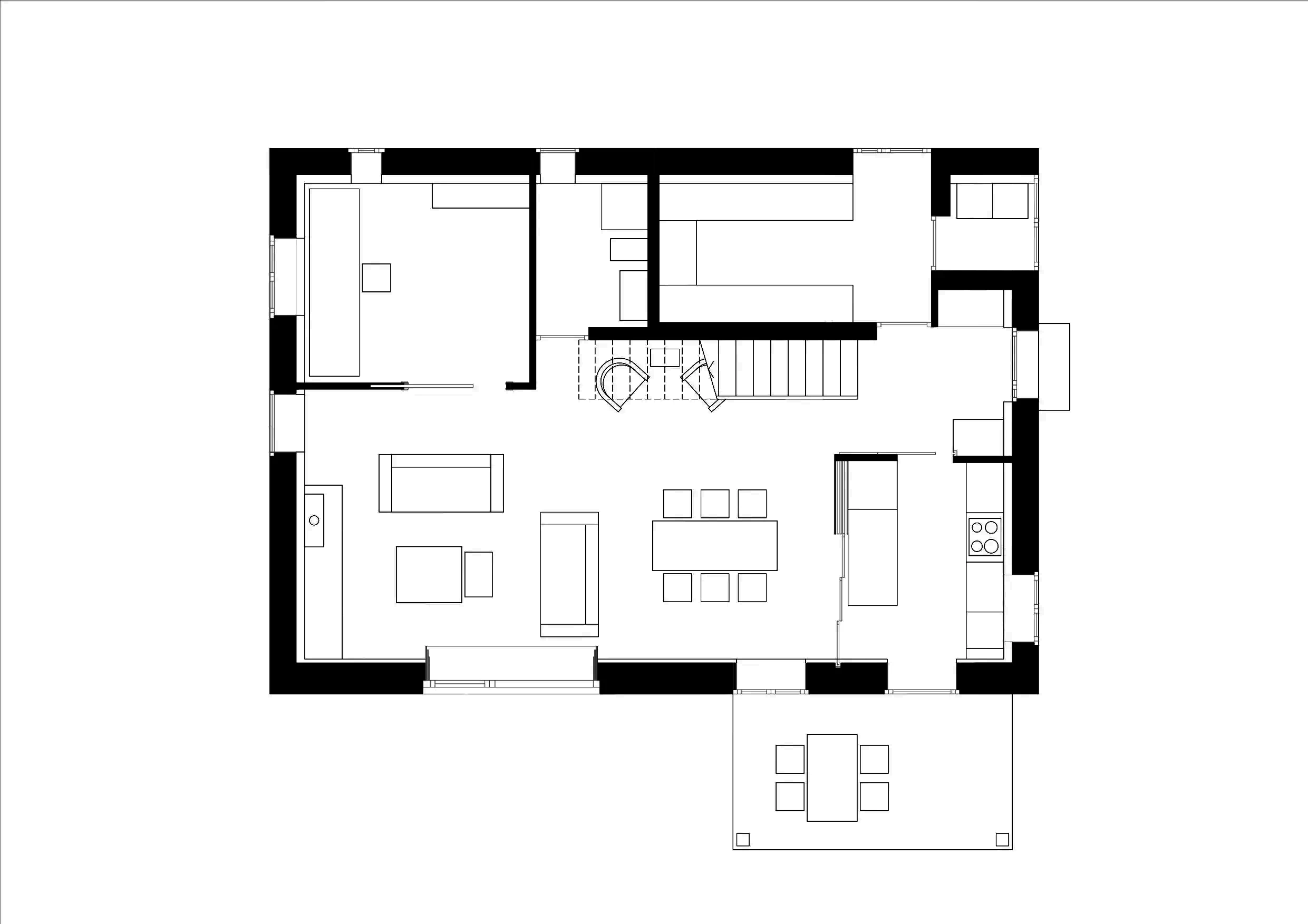 Plano de planta baja de vivienda en Narón: distribución de salón comedor y cocina, diseñada por estudio de arquitectura SEA.
