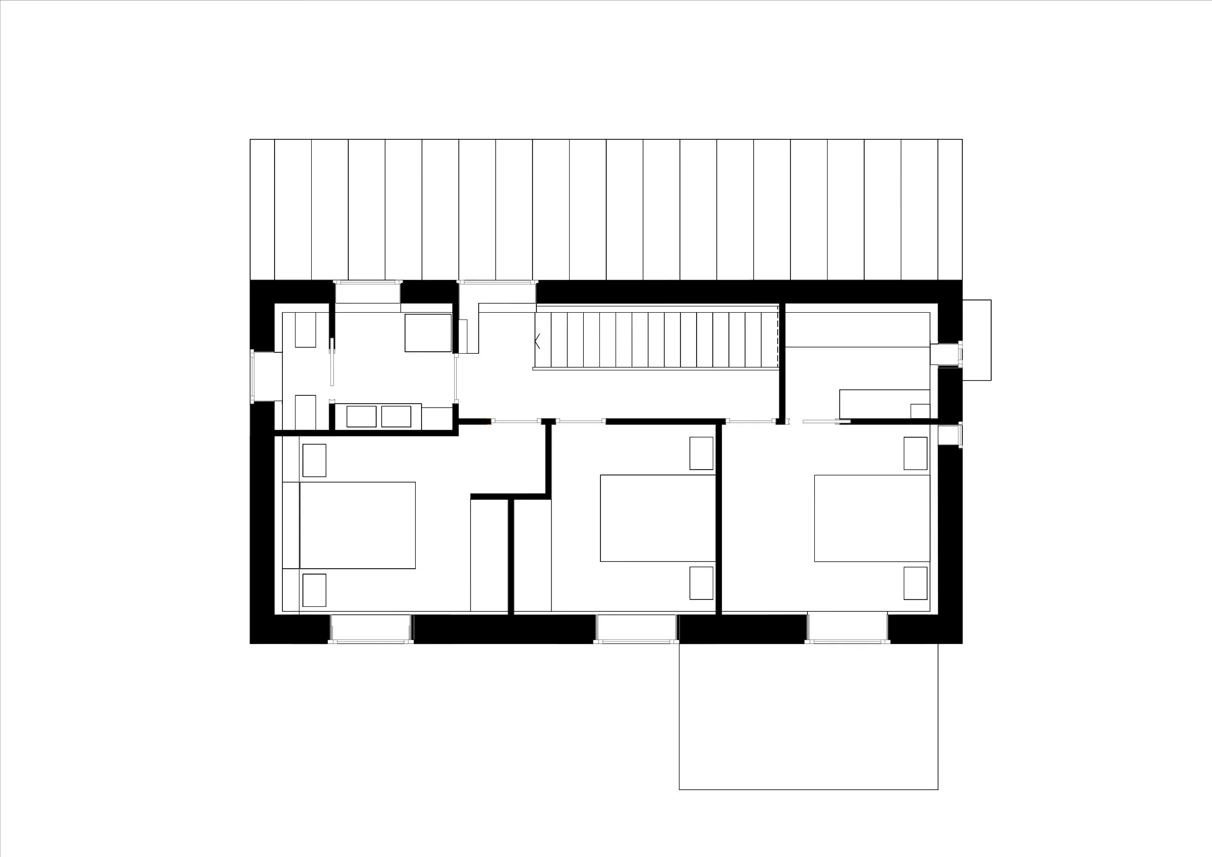 Plano de planta alta de vivienda en Narón: distribución de dormitorios y zonas de descanso, diseñada por estudio de arquitectura SEA.