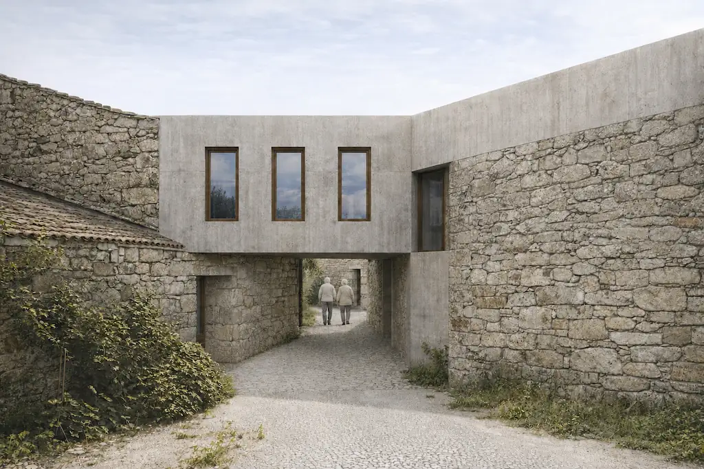 Render de la rehabilitación y fachada de viviendas contemporáneas en piedra y hormigón, por estudio de arquitectura SEA.